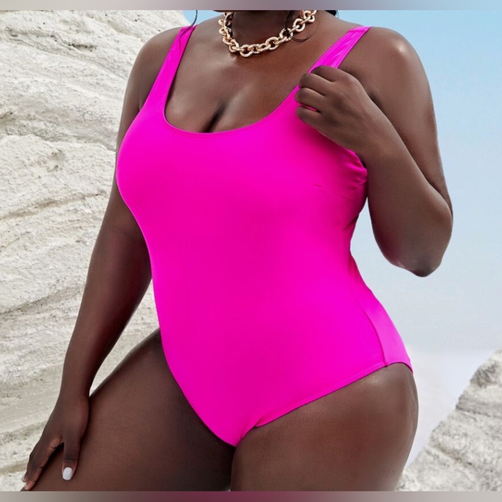 Cute plus size one piece neon pink swimsuit